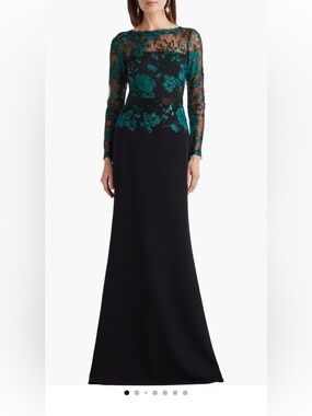 Tadashi Shoji Black Gown with Teal Floral Lace Bodice